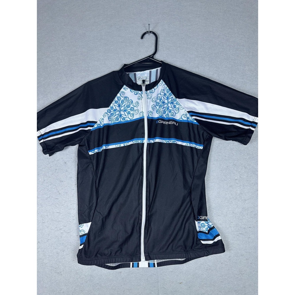 Garneau Cycling Jersey Shirt Mens 2XL Black Blue White Full Zip‎ Short Sleeve